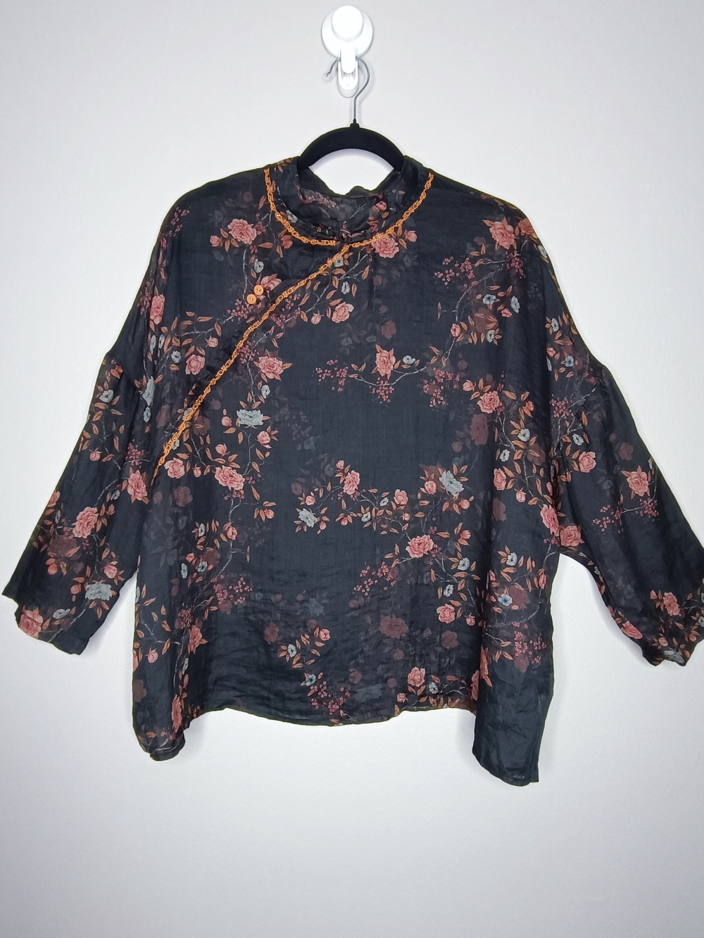 Modern Oversized 100% Ramie Floral Cheongsam Blouse Free Size High Quality Piece